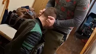 Ginger Guy in Leather Gets on His Knees - Gay Amateur Blowjob