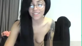 Small breasted ebony teen gagging on a white dick
