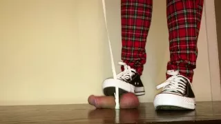 Cock box trampling by black Converse with cock on doggy lead