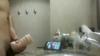 Solo male cumshot masturbating to porn with anal plug and fake pussy