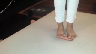 Cock crush dance in white jeans barefoot