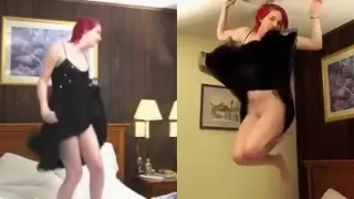 Wild redheaded bimbo wants to tease by sliding down her dre