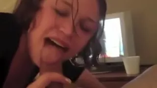 Cock hungry brunette slut sucks a stiff and hot cock