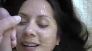 Horny brunette bitch goes crazy sucking on a big cock and gets facial