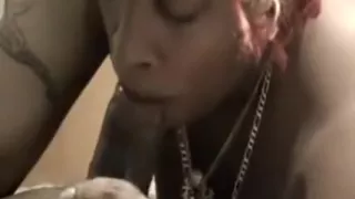 Interracial blowjob with hot sexy brunette slurping on black cock and gets mouth full of cum