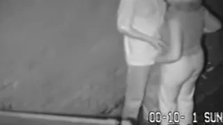 Security cam captures a guy kissing, fingering and missionary fucking a blonde girl's hairy pussy with condom in an alle