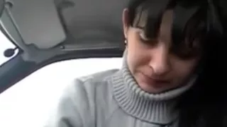 Streetslut sucks and jerks me off in my car, shows off the cum in her mouth and spits it out.