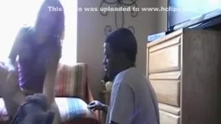 white girl fucks her black boyfriend  in various positions on the sofa