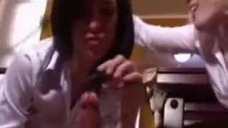 Homemade video with my lewd co-workers sharing my hard cock