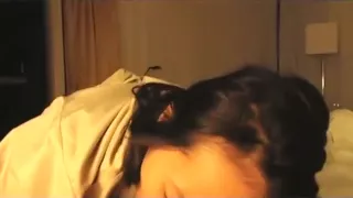 Asian american girl sucks her white bf's cock pov on the bed and swallows