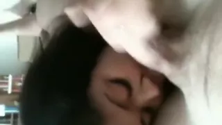 Black girl sucks her white bf's cock and balls pov on the bed