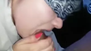 blindfolded white girl gives her black boyfriend  a spit blowjob in the car