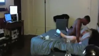 blonde white girl fucks her black boyfriend  in various positions on the bed