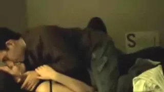 brunette girl has missionary, oral, cowgirl and doggystyle sex with her nerdy boyfriend  on the bed and moans.