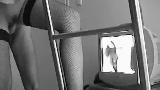 Brunette girl with panties and trimmed pussy gets doggystyle fucked and blows her man's cock, while watching a porn movi