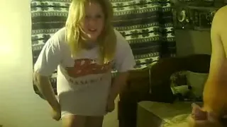 chubby blonde teases naked, while her boyfriend  jerks off in a condom.