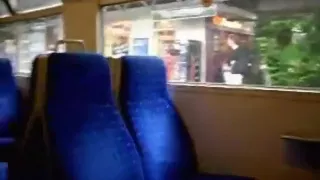 Crazy milf masturbates her shaved pussy upskirt with a flask in a public train