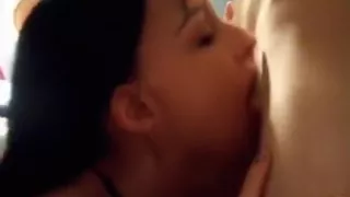 dark haired american girl gives her boyfriend  a pov blowjob and sucks his balls