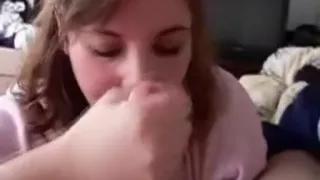 Dirty talking brunette milf pov blowjob in the bedroom with cumshot