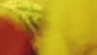 Fat brunette girl masturbates her shaved cameltoe pussy closeup with a dildo on her bed