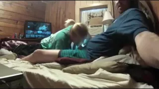 fat nerdy guy gets a blowjob from his fat blonde girlfriend 