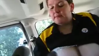 Fat white milf sucks her black bf's cock in the car and swallows