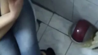 german girl gives her boyfriend  a pov blowjob in the bathroom