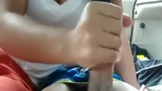 girl sucks and jerks off her boyfriend  in his car