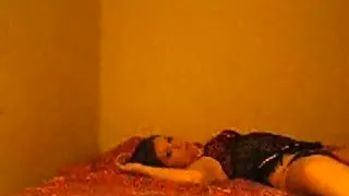 Handcuffed girl with panties in her mouth is her bf's sex serf