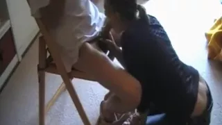 handcuffed guy gets his cock sucked and ridden by his german girlfriend  on a chair