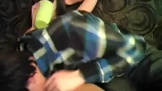 Hot brunette girl wearing sunglasses has 69 sex with her bf on the sofa