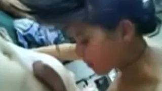 Hot brunette girl with small tits blows her bf's cock pov on the bed