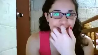 Hot nerdy glassed girl strips, dances and almost gets busted.