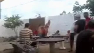 Naked latina gets her pussy eaten out by a fat guy on a table in a bar