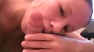 Ponytailed brunette girl excellent pov blowjob with cum swallowing on the bed