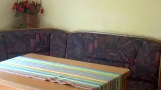 Slutty young babe fucks guys in the kitchen.