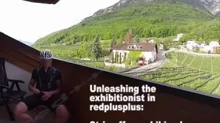 Exhibitionist cums on balcony in biking gear