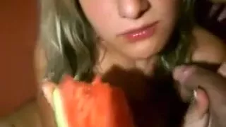 Golden-Haired sucks pecker during the time that eating melom