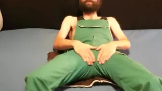 wank and cum in bib overalls on rubbermat and apron