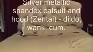 silver catsuit and hood - dildo wank and cum zentai