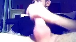 handsome boyfriend  is playing in the guest room and filming himself on webcam