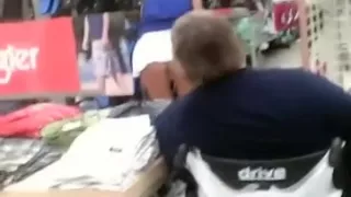 Bulky gal in the supermarket in outrageously short skirt