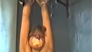 Hot honey is naked and hanged from her hands as a punishment exposing her moist crack and melons