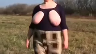 Giant mounds of my peasant large delightful woman wife outdoors flashing