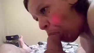 My short-haired wifey sucks my strapon and rides it on top