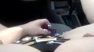 Enchanting my shaved cum-aperture with diminutive sex tool during the time that riding car