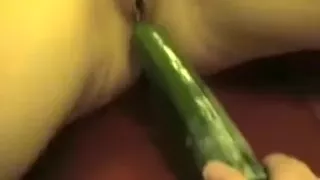 Pushing the wet crack of my playgirl with a cucumber and feeding her with my jock