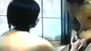 Asian dark brown hair babe in the washroom blows me during the time that her husband is at the work