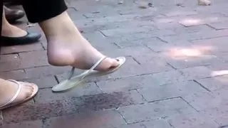 Candid Brunette Hair Feet Shoeplay Dangling Flip Flops Outside