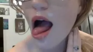 She gets fucked hard then takes cum to face 'n glasses